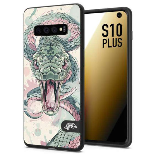 CUSTOMIZZA - Custodia cover nera morbida in tpu compatibile per Samsung S10 PLUS snake pink green serpente tatuaggio tattoo disegnato a mano