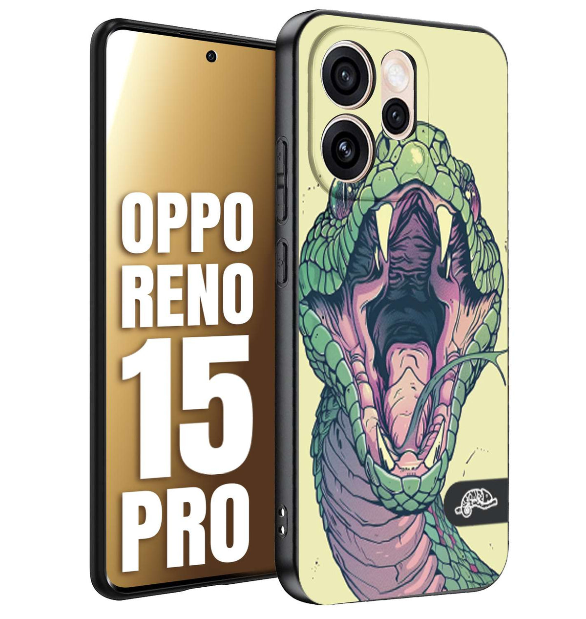CUSTOMIZZA - Custodia cover nera morbida in tpu compatibile per Oppo Reno 15 PRO snake yellow green serpente tatuaggio tattoo disegnato a mano