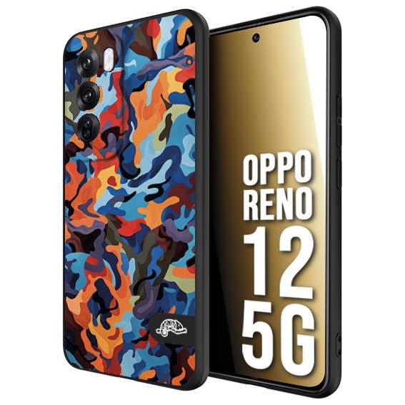 CUSTOMIZZA - Custodia cover nera morbida in tpu compatibile per Oppo Reno 12 5G camouflage mimetico militare moderno blu arancio rosso