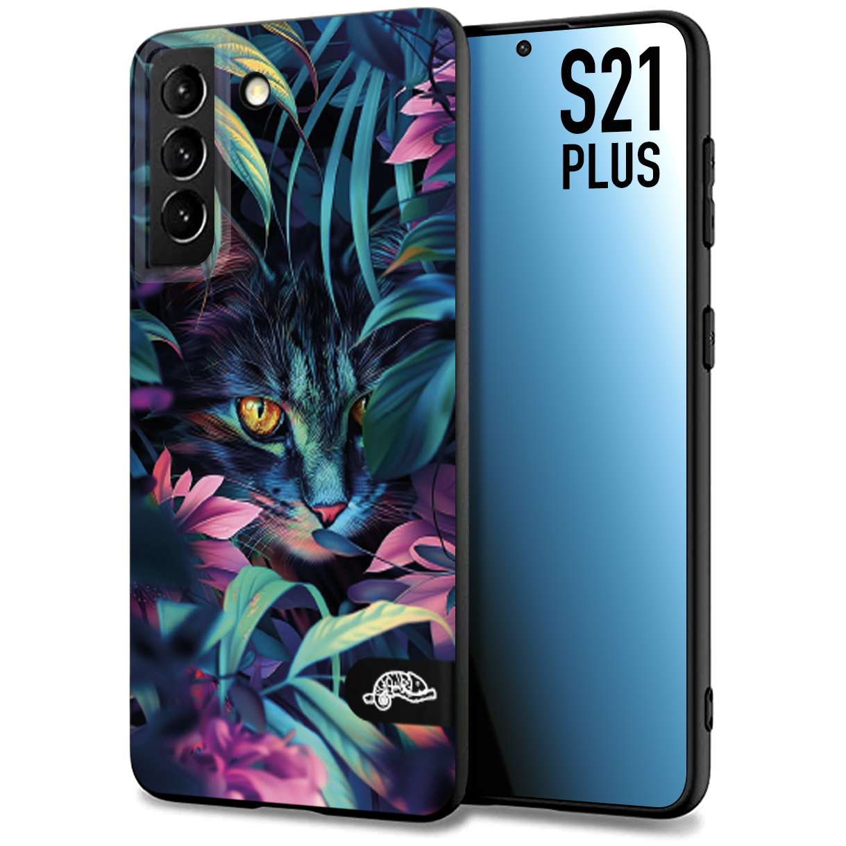 CUSTOMIZZA - Custodia cover nera morbida in tpu compatibile per Samsung S21 PLUS animali color giungla tropicale occhio di gatto colori vibranti disegnato