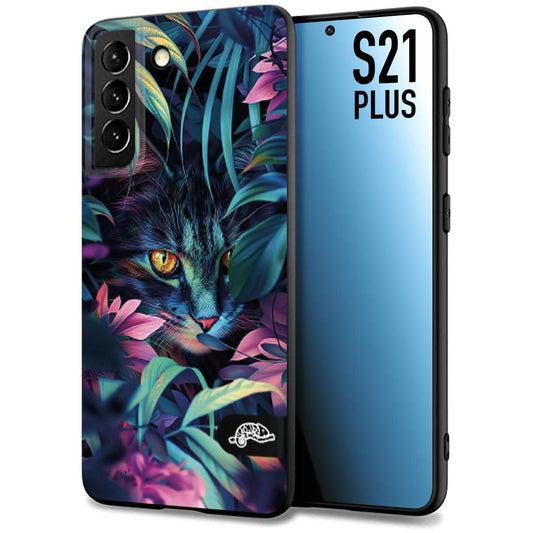 CUSTOMIZZA - Custodia cover nera morbida in tpu compatibile per Samsung S21 PLUS animali color giungla tropicale occhio di gatto colori vibranti disegnato