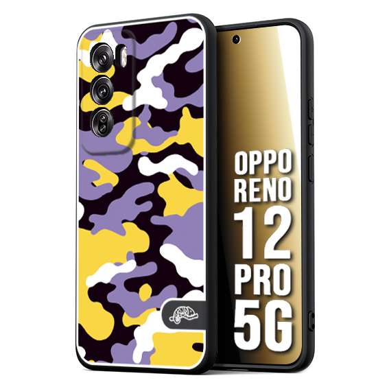 CUSTOMIZZA - Custodia cover nera morbida in tpu compatibile per Oppo Reno 12 PRO 5G camouflage mimetico militare viola lilla giallo
