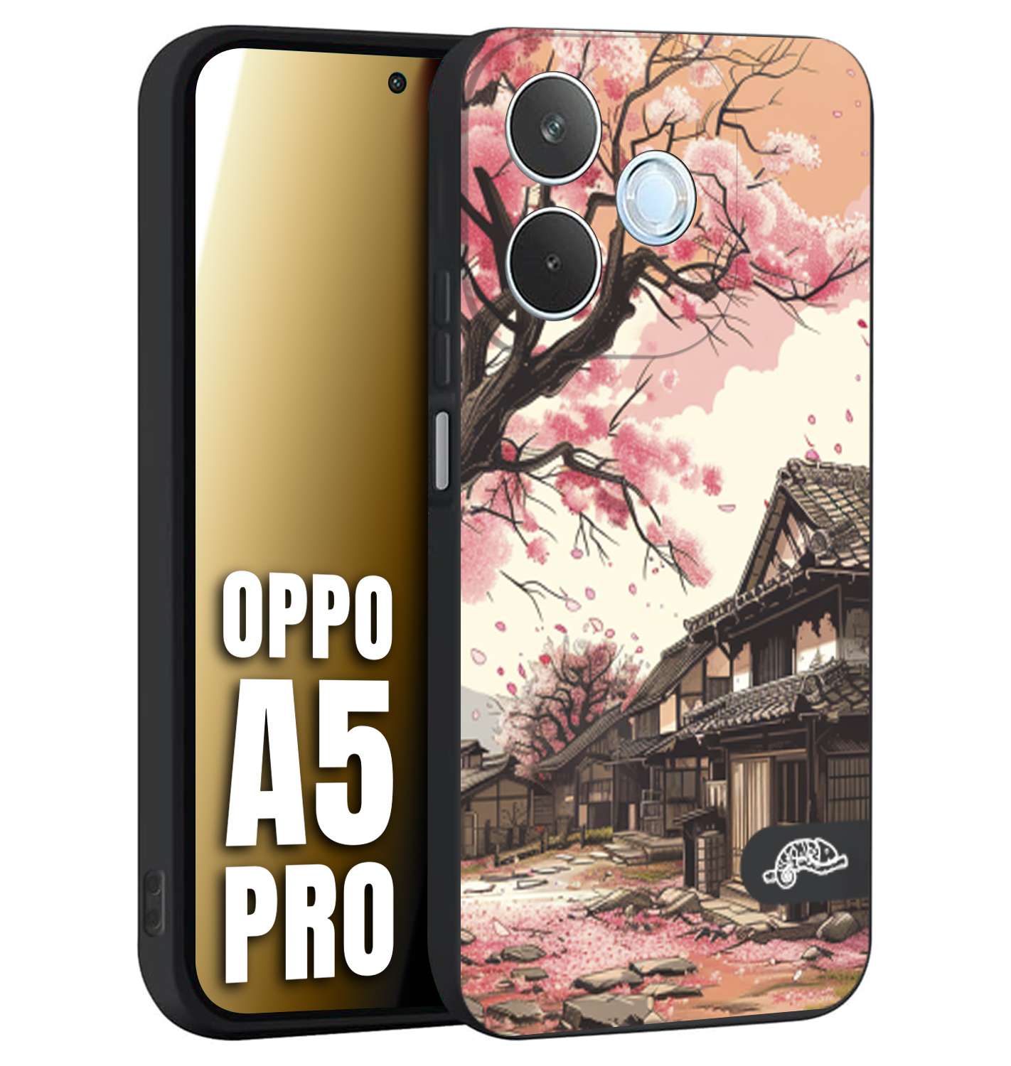 CUSTOMIZZA - Custodia cover nera morbida in tpu compatibile per Oppo A5 PRO casa giapponese rosa ciliegio in fiore disegnata tattoo