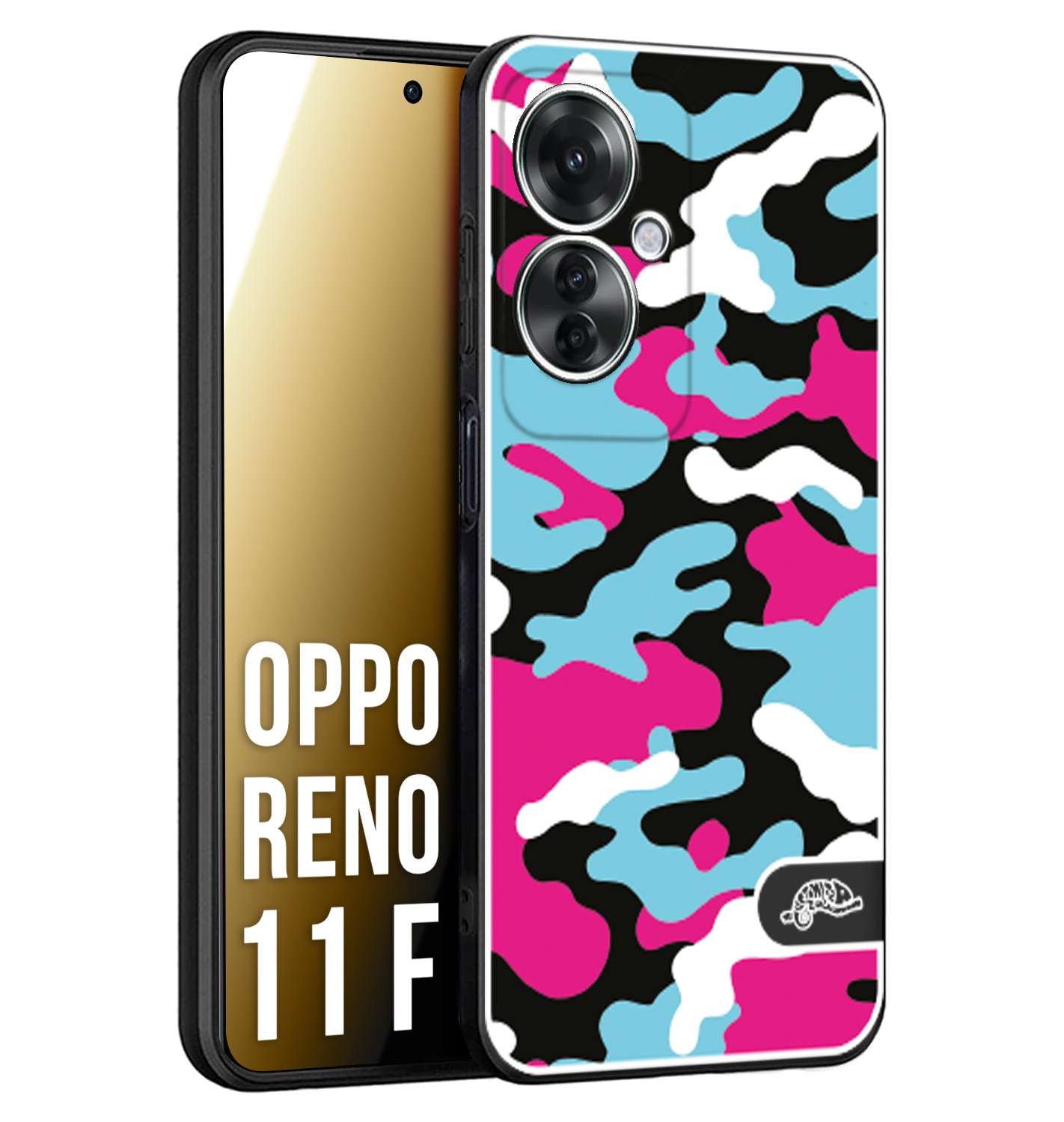 CUSTOMIZZA - Custodia cover nera morbida in tpu compatibile per Oppo Reno 11 F 5G camouflage mimetico militare fucsia celeste