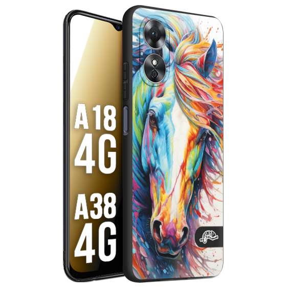 CUSTOMIZZA - Custodia cover nera morbida in tpu compatibile per Oppo A18 4G - A38 4G animali color cavallo horse viso colori vibranti disegnato schizzo