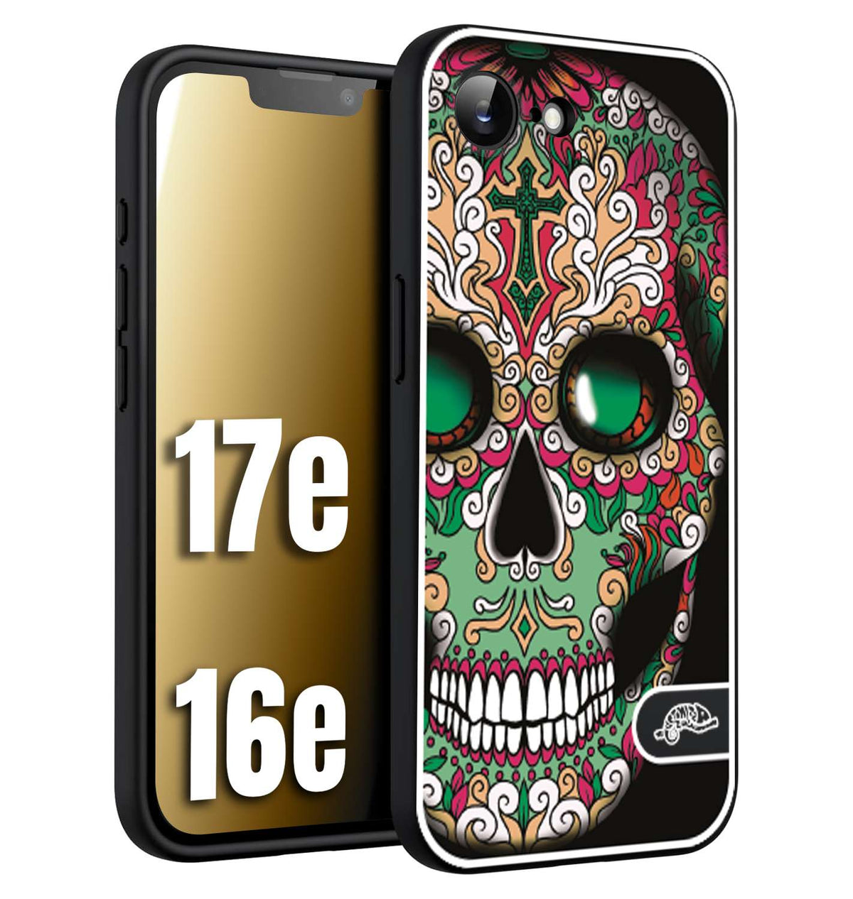 CUSTOMIZZA - Custodia cover nera morbida in tpu compatibile per iPhone 16E - 17E teschio messicano Mexican skull verde fucsia