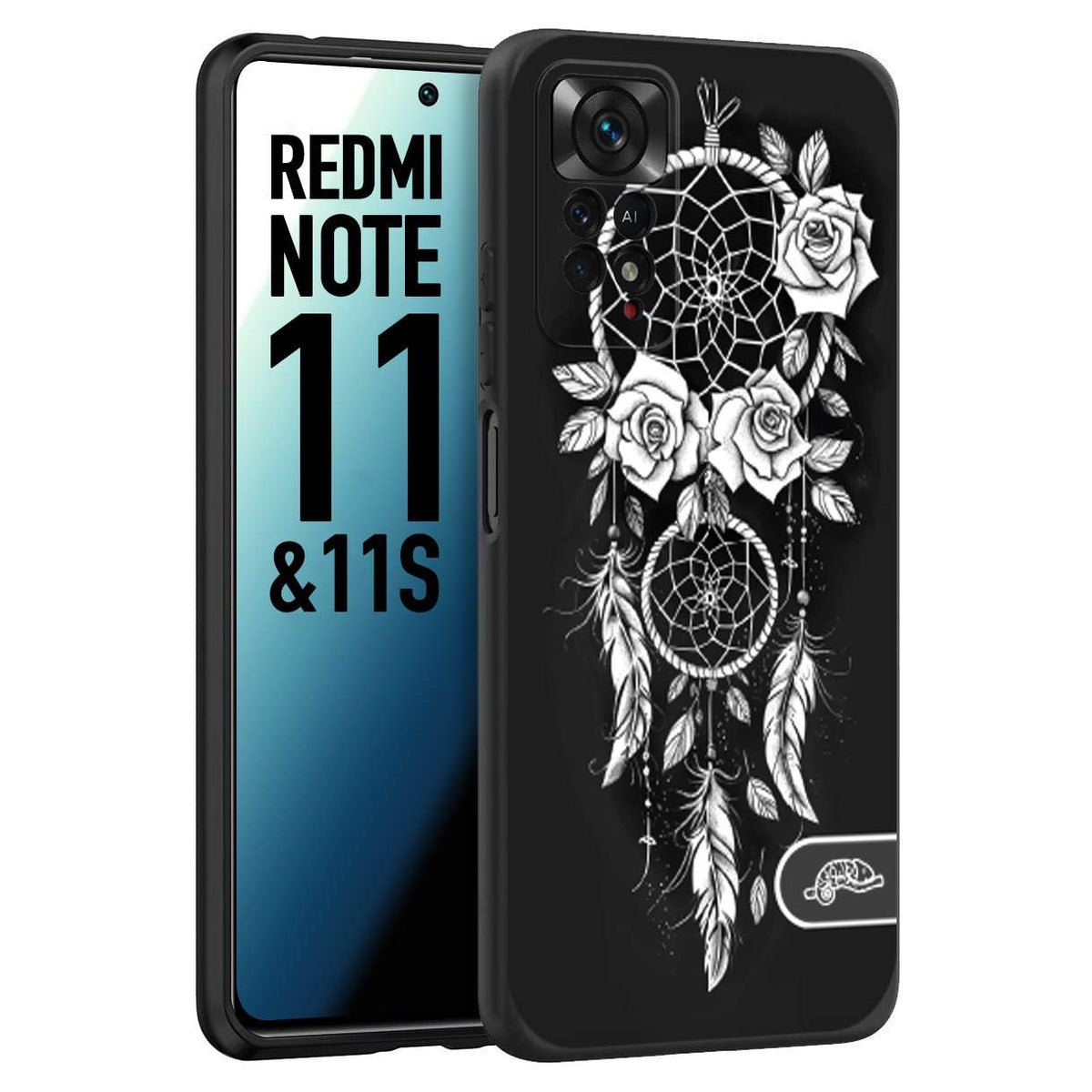 CUSTOMIZZA - Custodia cover nera morbida in tpu compatibile per Xiaomi Redmi Note 11 - Note 11S acchiappasogni dreamcatcher black and white bianco a rilievo disegnato tattoo tatuaggio