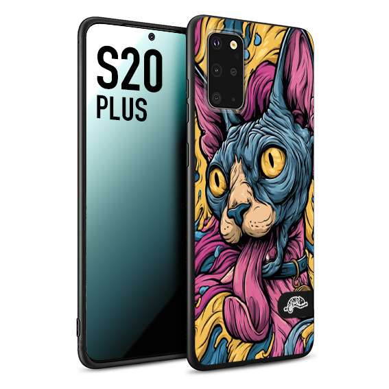 CUSTOMIZZA - Custodia cover nera morbida in tpu compatibile per Samsung S20 PLUS Sphynx Colorato Pop Art Psichedelico Gatto Blu Rosa Giallo Artistica Fantasy