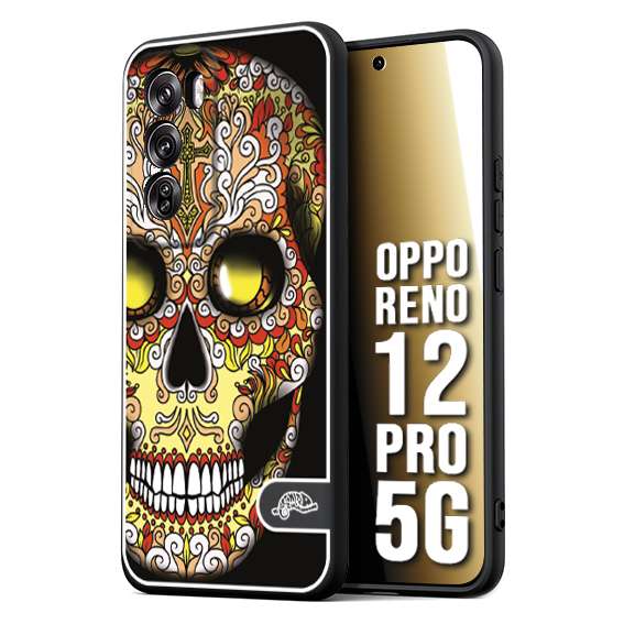 CUSTOMIZZA - Custodia cover nera morbida in tpu compatibile per Oppo Reno 12 PRO 5G teschio messicano Mexican skull giallo rosso arancio