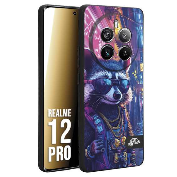 CUSTOMIZZA - Custodia cover nera morbida in tpu compatibile per Realme 12 PRO animali simpatici cyberpunk procione racoon street cat fucsia blu giallo