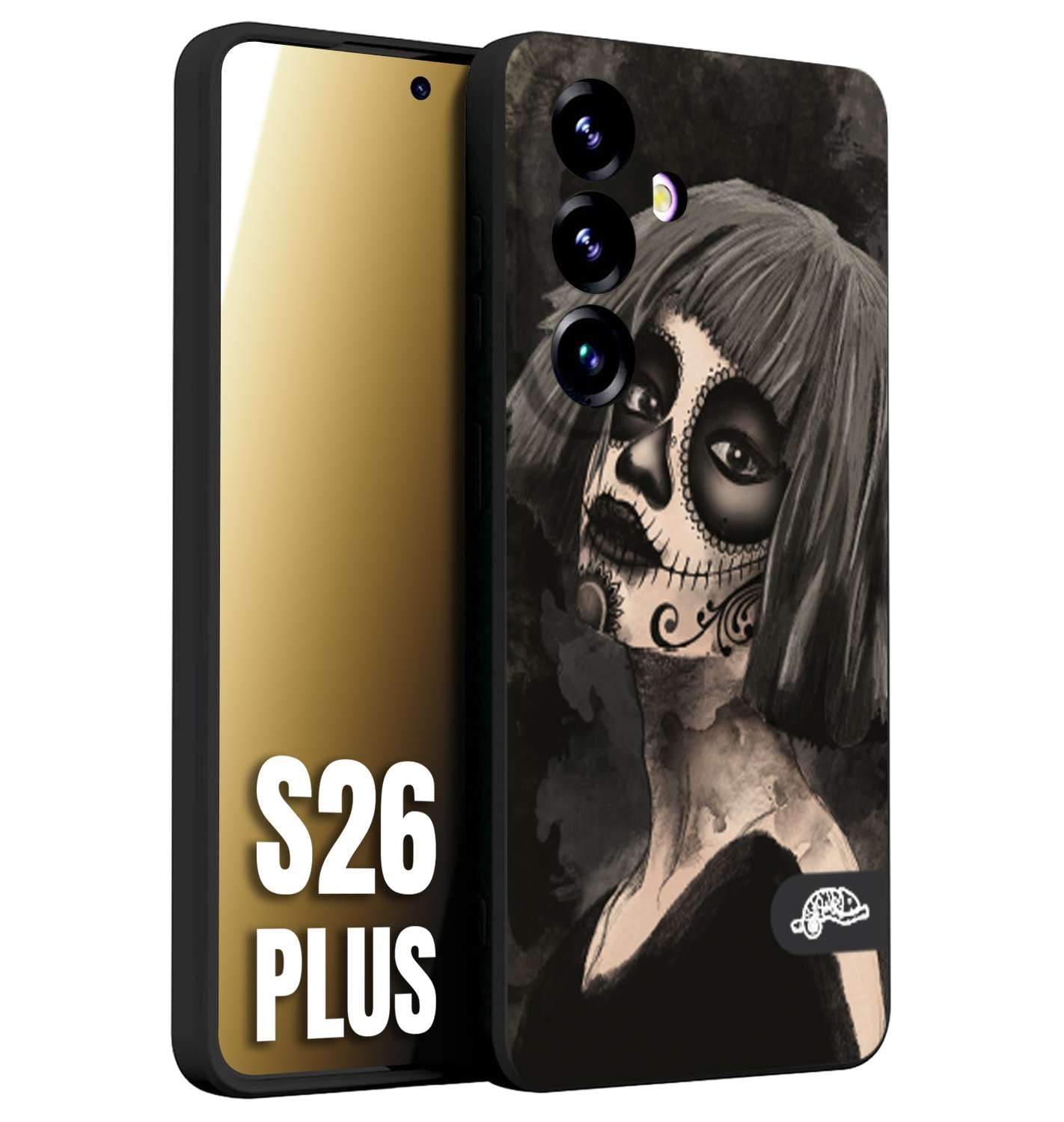 CUSTOMIZZA - Custodia cover nera morbida in tpu compatibile per Samsung S26 PLUS chicana messicana dea de la muerte donna santa tattoo disegnata