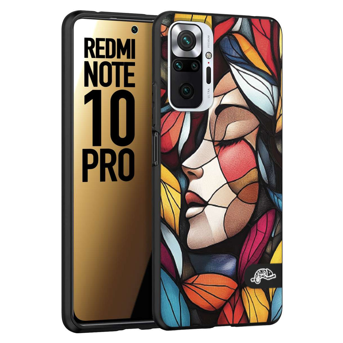 CUSTOMIZZA - Custodia cover nera morbida in tpu compatibile per Xiaomi Redmi Note 10 PRO Vetrata artistica volto di donna profilo fogliare mosaico di vetro colorato