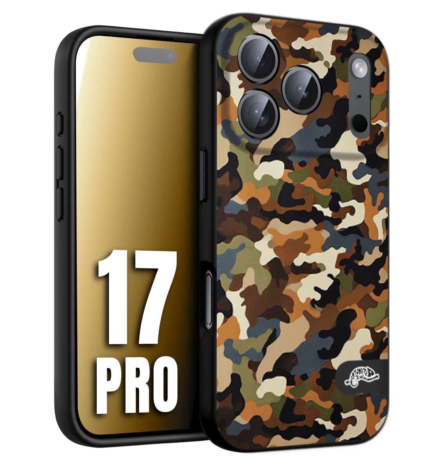 CUSTOMIZZA - Custodia cover nera morbida in tpu compatibile per iPhone 17 PRO camouflage mimetico militare moderno blu marrone beige
