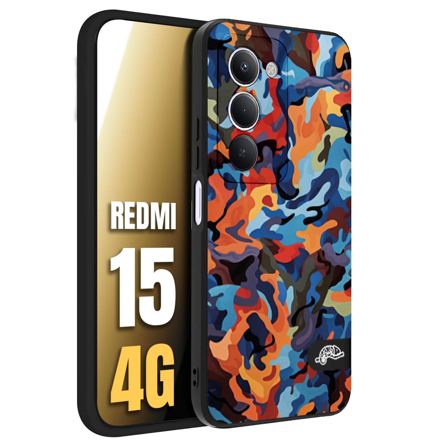 CUSTOMIZZA - Custodia cover nera morbida in tpu compatibile per Xiaomi Redmi 15 4G camouflage mimetico militare moderno blu arancio rosso