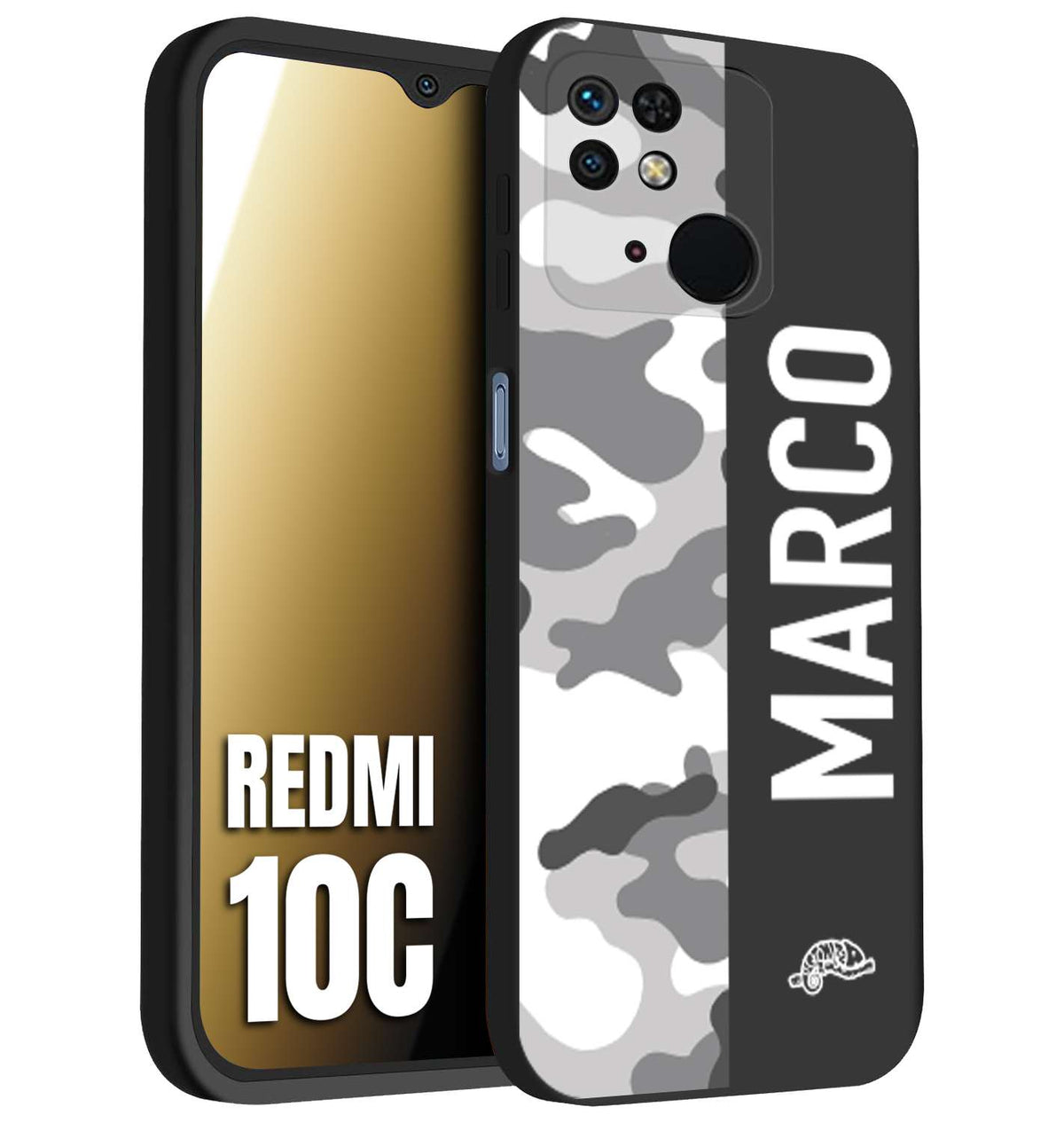 CUSTOMIZZA - Custodia cover nera morbida in tpu compatibile per Xiaomi Redmi 10C camouflage mimetico militare personalizzata nome bianco