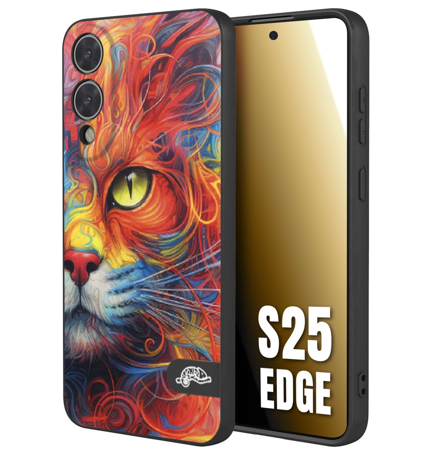 CUSTOMIZZA - Custodia cover nera morbida in tpu compatibile per Samsung S25 EDGE animali color cat gatto viso colori vibranti disegnato schizzo
