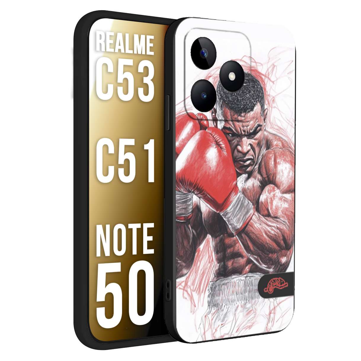 CUSTOMIZZA - Custodia cover nera morbida in tpu compatibile per Realme C53 - C51 - NOTE 50 pugilato pugili disegno tattoo guantoni boxer pesi massimi iron mike