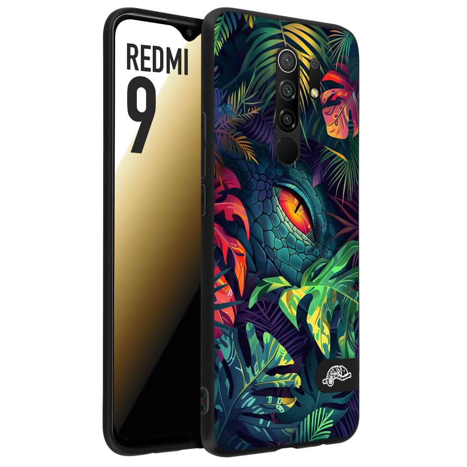 CUSTOMIZZA - Custodia cover nera morbida in tpu compatibile per Xiaomi Redmi 9 animali color giungla tropicale occhio di coccodrillo alligatore disegnato