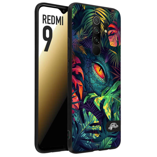 CUSTOMIZZA - Custodia cover nera morbida in tpu compatibile per Xiaomi Redmi 9 animali color giungla tropicale occhio di coccodrillo alligatore disegnato