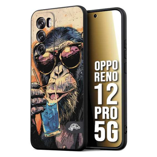 CUSTOMIZZA - Custodia cover nera morbida in tpu compatibile per Oppo Reno 12 PRO 5G estate disegnata cocktails animali simpatici scimmia monkey negroni