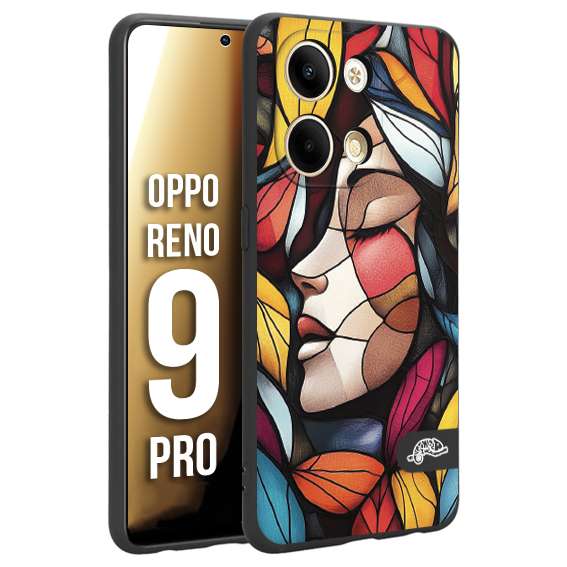 CUSTOMIZZA - Custodia cover nera morbida in tpu compatibile per Oppo Reno 9 PRO Vetrata artistica volto di donna profilo fogliare mosaico di vetro colorato