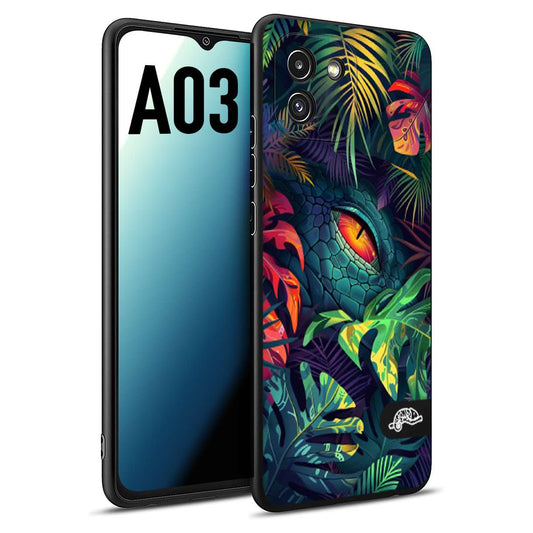 CUSTOMIZZA - Custodia cover nera morbida in tpu compatibile per Samsung A03 animali color giungla tropicale occhio di coccodrillo alligatore disegnato