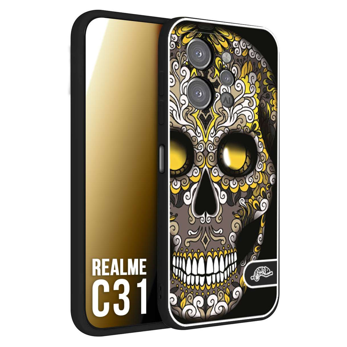 CUSTOMIZZA - Custodia cover nera morbida in tpu compatibile per Realme C31 teschio messicano Mexican skull nero giallo