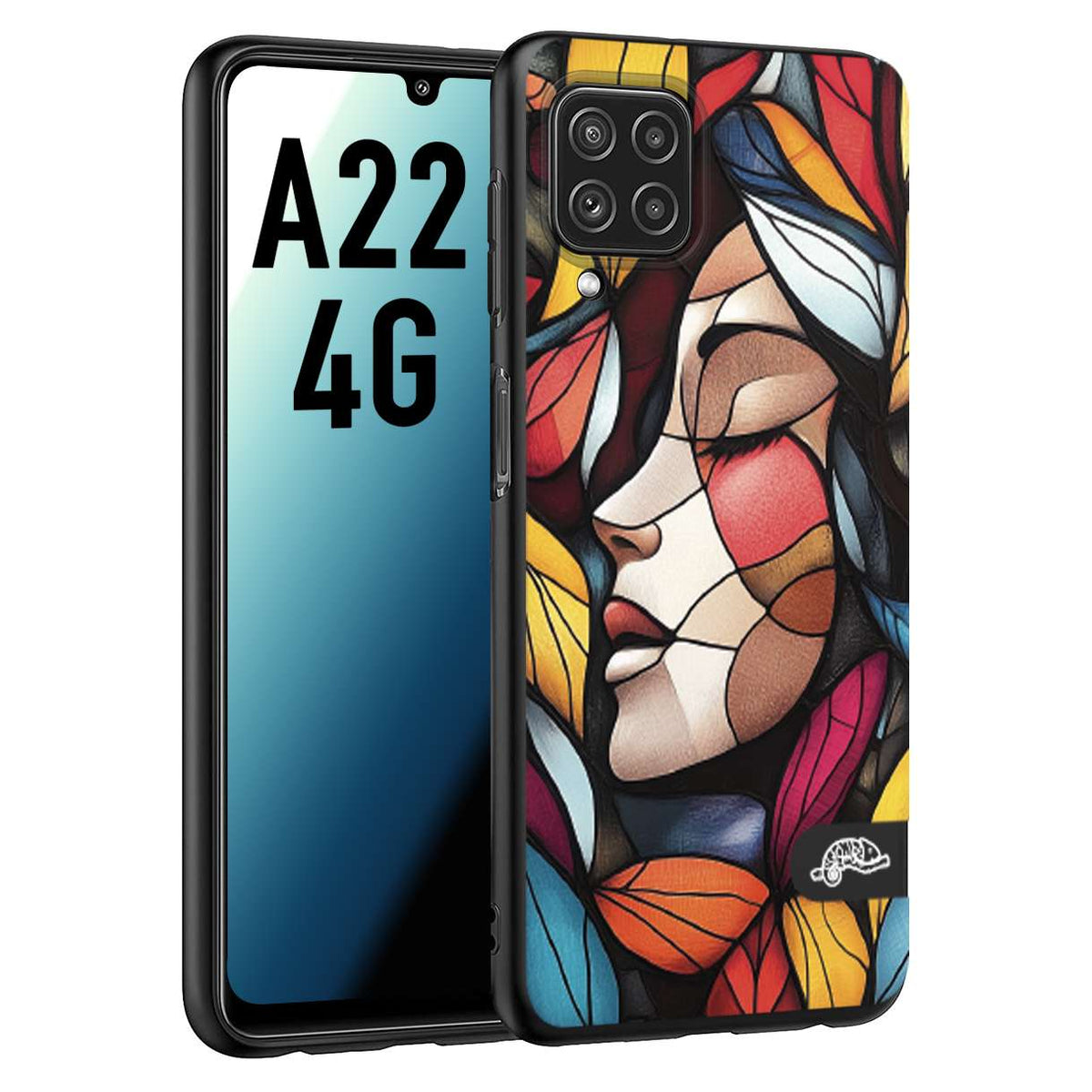 CUSTOMIZZA - Custodia cover nera morbida in tpu compatibile per Samsung A22 4G Vetrata artistica volto di donna profilo fogliare mosaico di vetro colorato