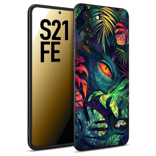 CUSTOMIZZA - Custodia cover nera morbida in tpu compatibile per Samsung S21 FE animali color giungla tropicale occhio di coccodrillo alligatore disegnato