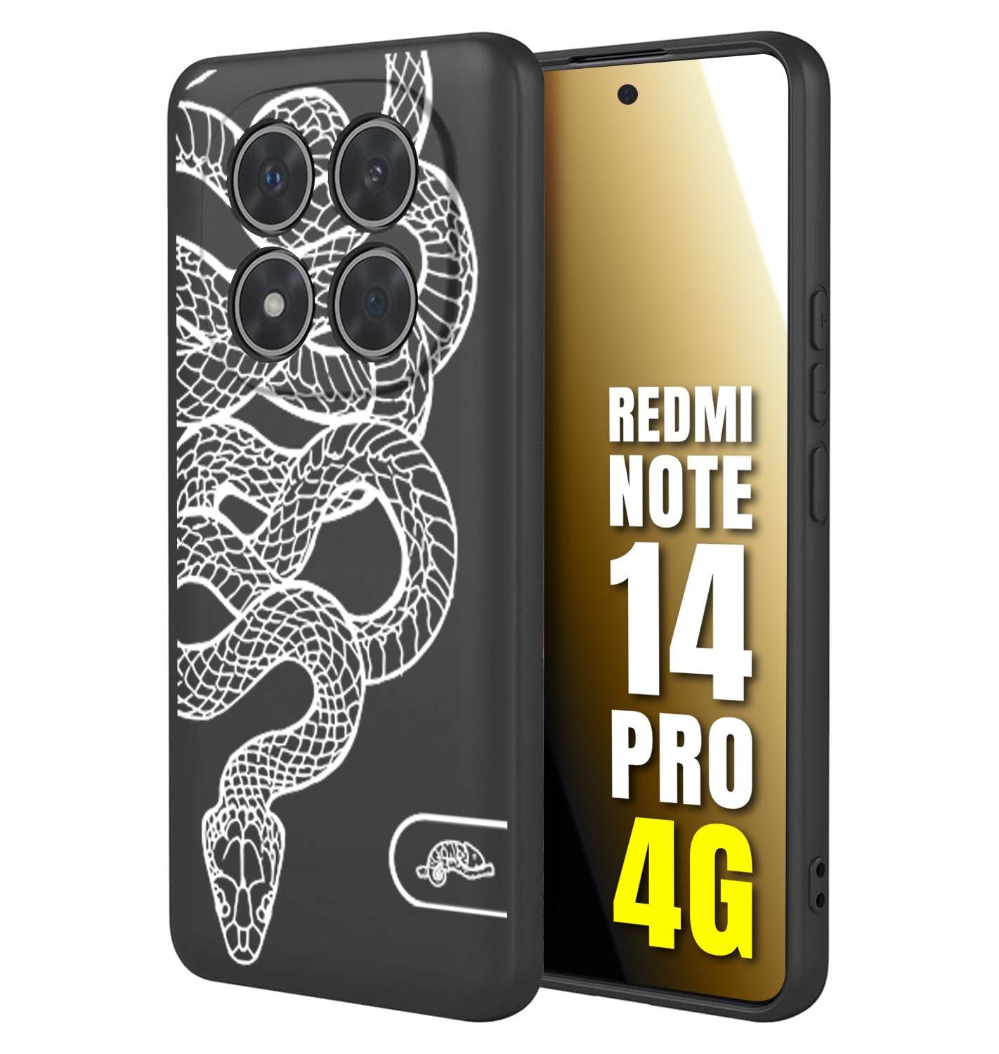 CUSTOMIZZA - Custodia cover nera morbida in tpu compatibile per Xiaomi Redmi Note 14 PRO 4G serpente snake bianco a rilievo disegnato tattoo tatuaggio