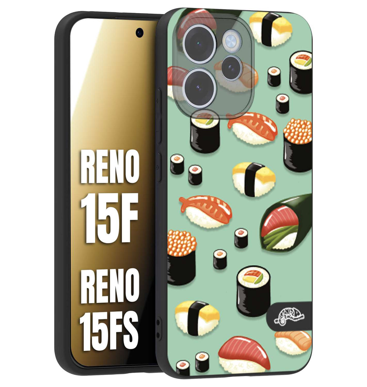 CUSTOMIZZA - Custodia cover nera morbida in tpu compatibile per Oppo Reno 15 F - Reno 15 FS sushi disegni giapponese nighiri acquamarina verde
