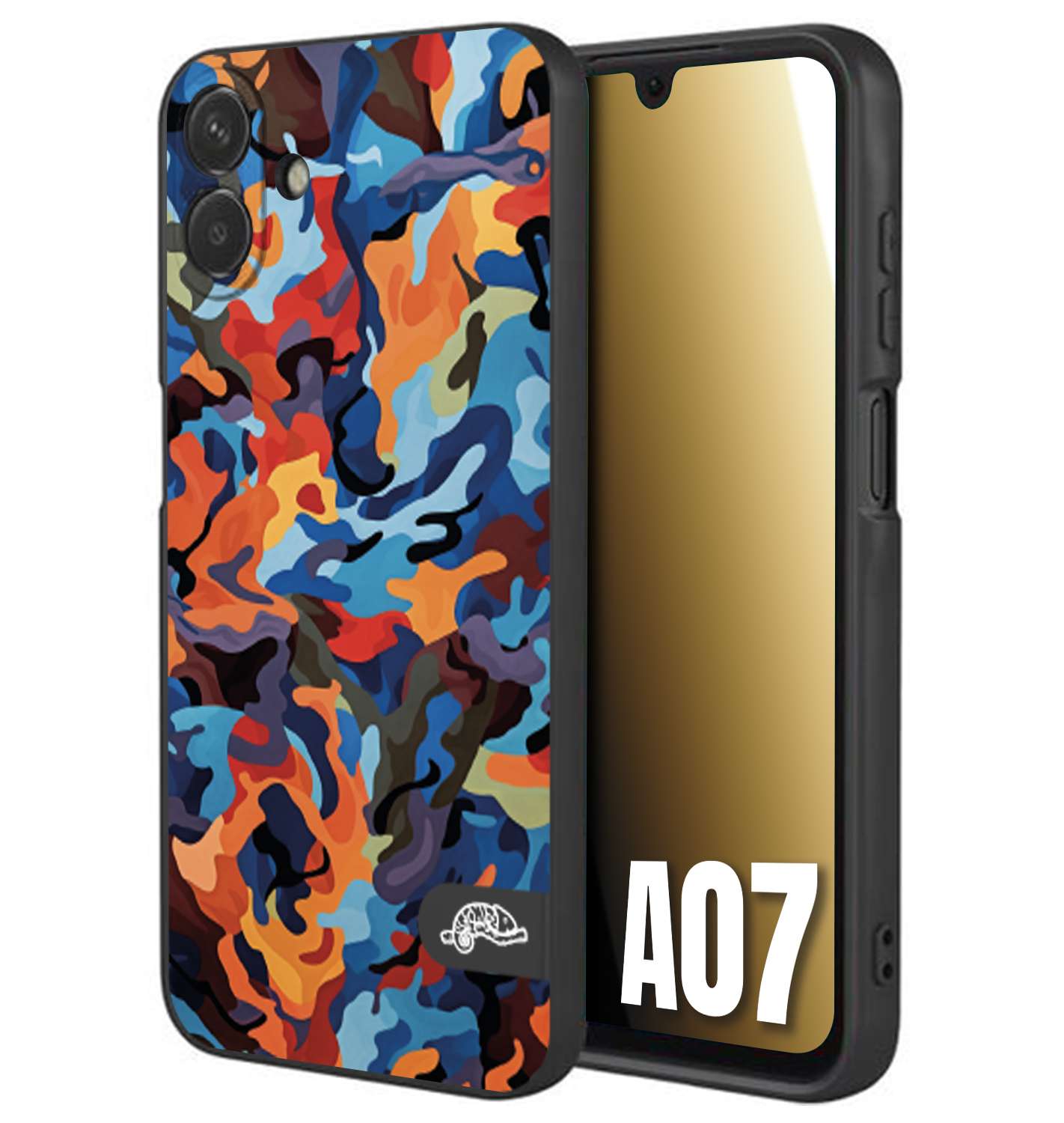 CUSTOMIZZA - Custodia cover nera morbida in tpu compatibile per Samsung A07 camouflage mimetico militare moderno blu arancio rosso