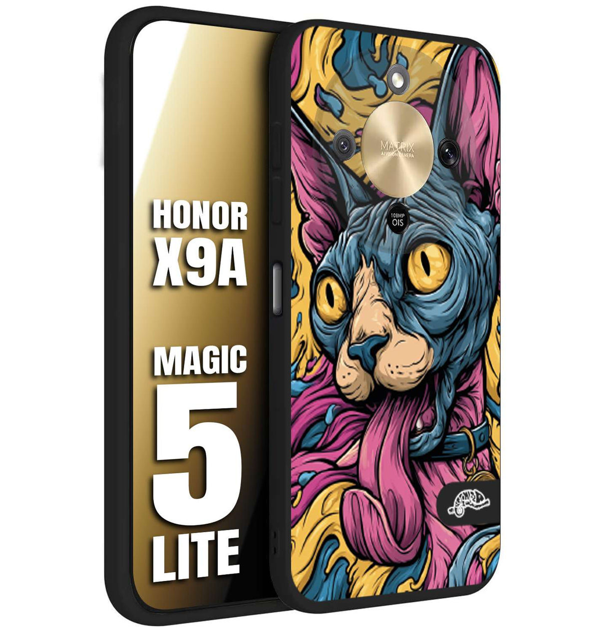 CUSTOMIZZA - Custodia cover nera morbida in tpu compatibile per Honor X9A - Honor Magic 5 Lite Sphynx Colorato Pop Art Psichedelico Gatto Blu Rosa Giallo Artistica Fantasy