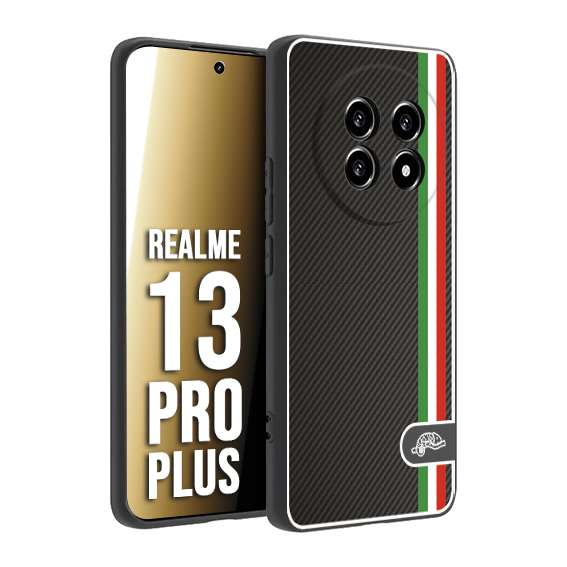 CUSTOMIZZA - Custodia cover nera morbida in tpu compatibile per Realme 13 PRO PLUS effetto fibra di carbonio bandiera Italia made in Italy