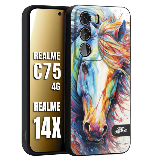 CUSTOMIZZA - Custodia cover nera morbida in tpu compatibile per Realme 14X - C75 4G animali color cavallo horse viso colori vibranti disegnato schizzo