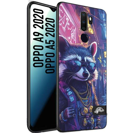 CUSTOMIZZA - Custodia cover nera morbida in tpu compatibile per Oppo A9 2020 - A5 2020 animali simpatici cyberpunk procione racoon street cat fucsia blu giallo