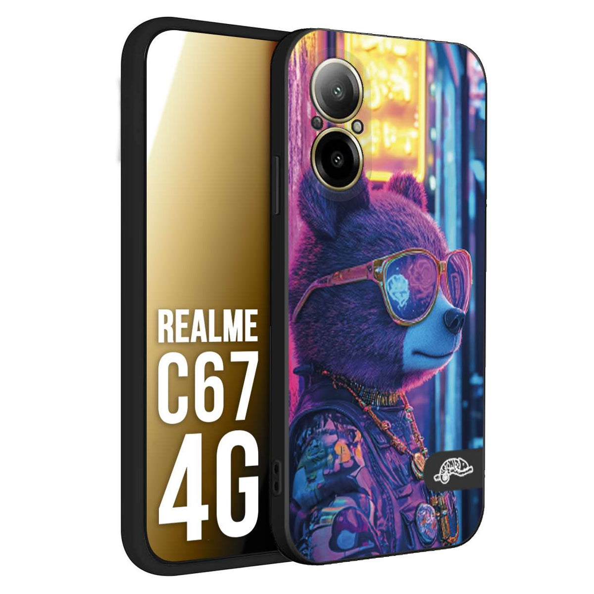 CUSTOMIZZA - Custodia cover nera morbida in tpu compatibile per Realme C67 4G animali cyberpunk orsetto orso street bear fucsia blu night