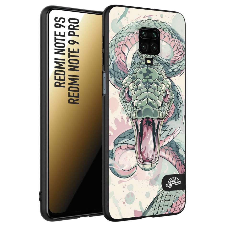 CUSTOMIZZA - Custodia cover nera morbida in tpu compatibile per Xiaomi Redmi Note 9S - Note 9 PRO snake pink green serpente tatuaggio tattoo disegnato a mano