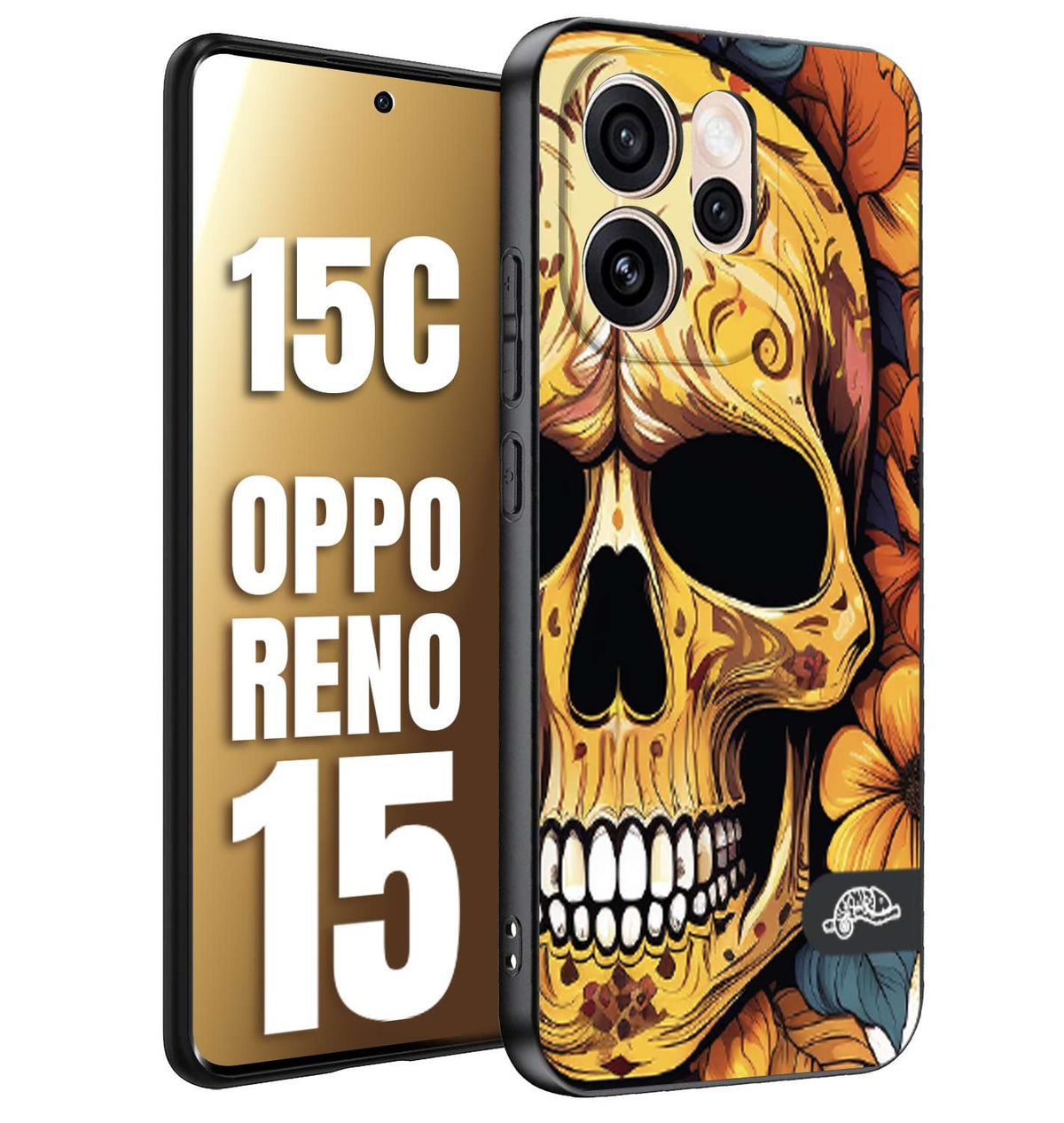 CUSTOMIZZA - Custodia cover nera morbida in tpu compatibile per Oppo Reno 15 - Reno 15Cteschio messicano colorato dorato fiori autunnali disegnato