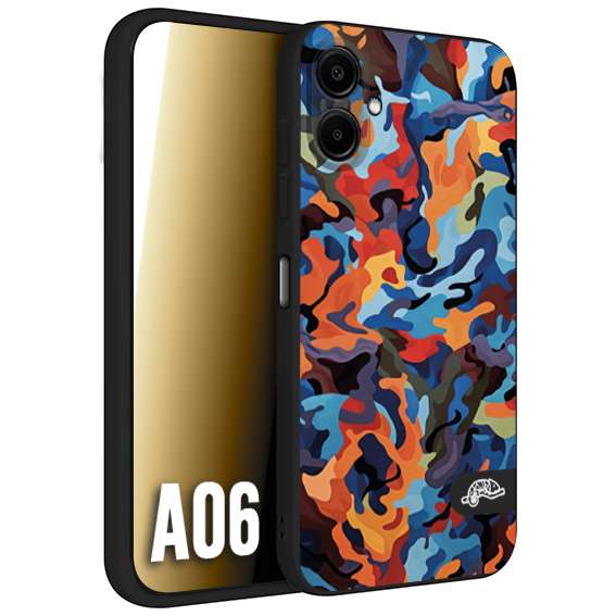 CUSTOMIZZA - Custodia cover nera morbida in tpu compatibile per Samsung A06 camouflage mimetico militare moderno blu arancio rosso