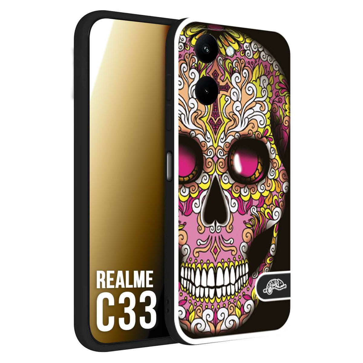 CUSTOMIZZA - Custodia cover nera morbida in tpu compatibile per Realme C33 teschio messicano Mexican skull rosa gialla
