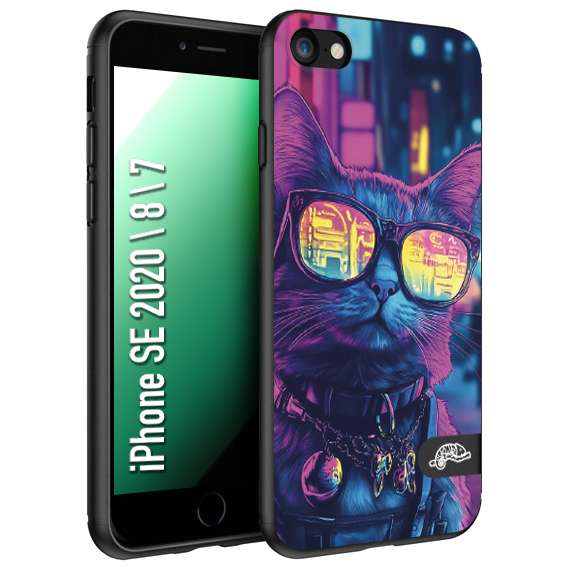 CUSTOMIZZA - Custodia cover nera morbida in tpu compatibile per iPhone 7 - 8 - SE 2020 / 2022 animali cyberpunk gatto street cat fucsia blu giallo