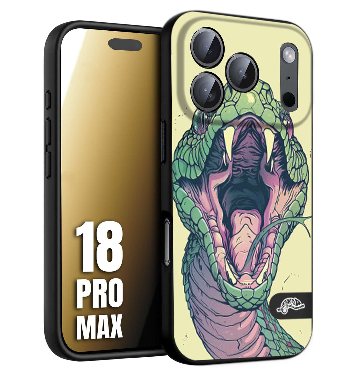 CUSTOMIZZA - Custodia cover nera morbida in tpu compatibile per iPhone 18 PRO MAX snake yellow green serpente tatuaggio tattoo disegnato a mano
