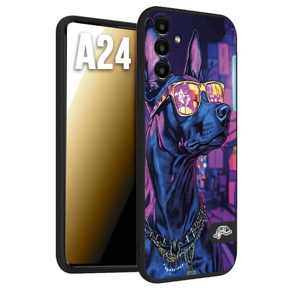 CUSTOMIZZA - Custodia cover nera morbida in tpu compatibile per Samsung A24 animali cyberpunk dobermann cane street dog fucsia blu night