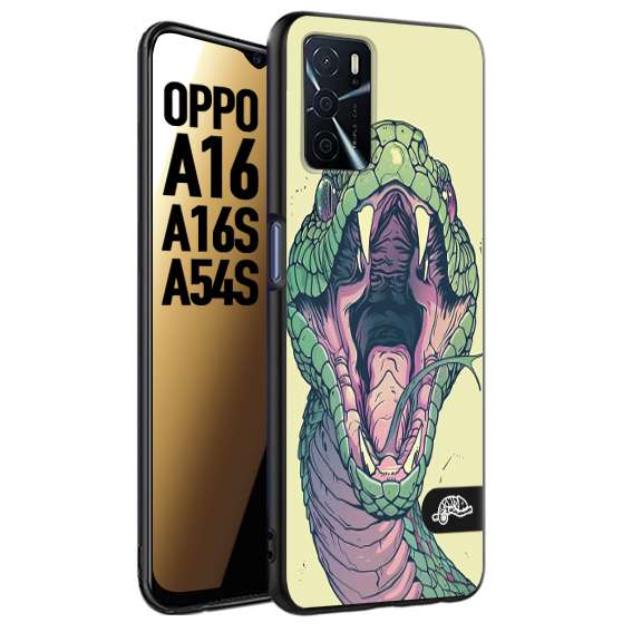CUSTOMIZZA - Custodia cover nera morbida in tpu compatibile per Oppo A16 - A16S - A54S snake yellow green serpente tatuaggio tattoo disegnato a mano