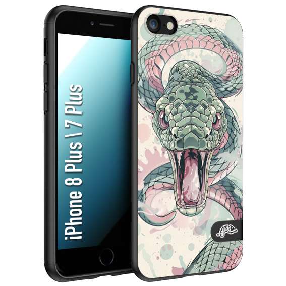 CUSTOMIZZA - Custodia cover nera morbida in tpu compatibile per iPhone 7 Plus - 8 plussnake pink green serpente tatuaggio tattoo disegnato a mano