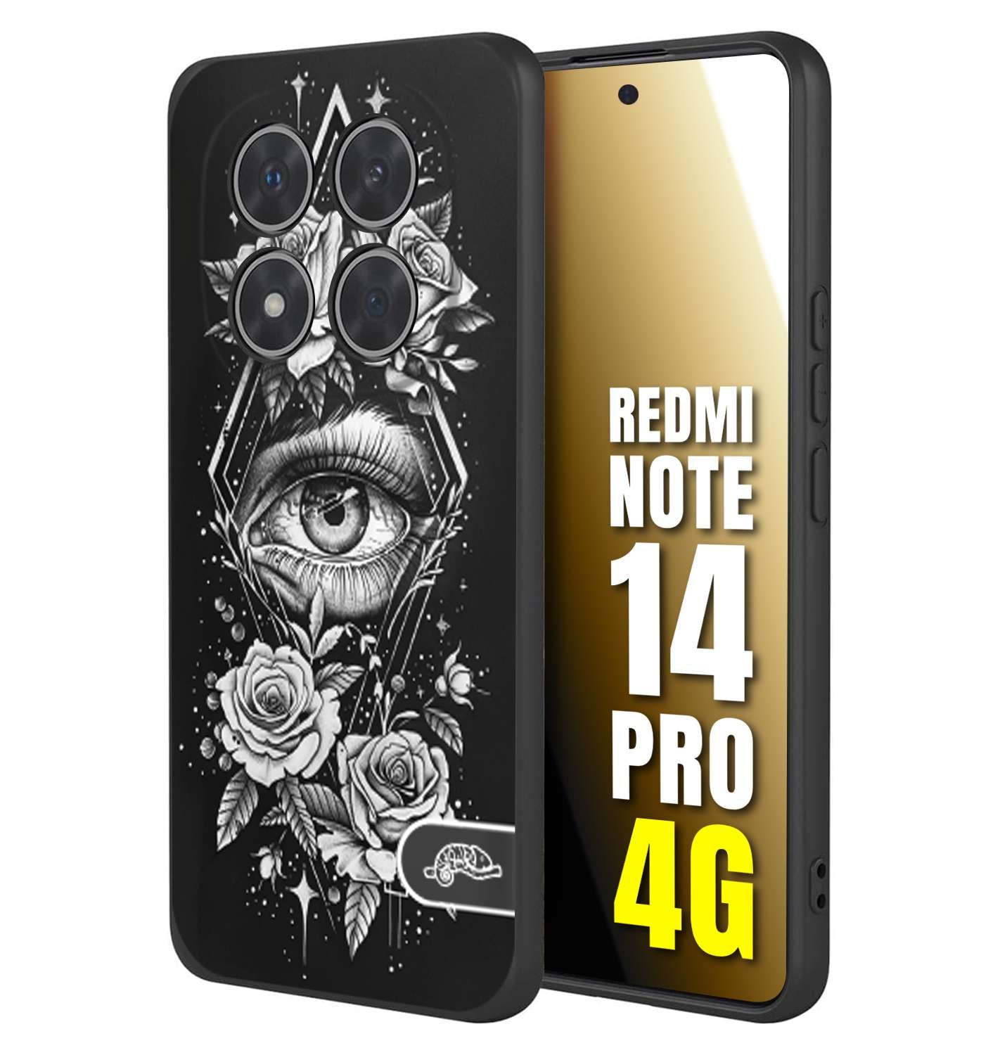 CUSTOMIZZA - Custodia cover nera morbida in tpu compatibile per Xiaomi Redmi Note 14 PRO 4G occhio fiori rombo geometrico black and white bianco a rilievo disegnato tattoo tatuaggio