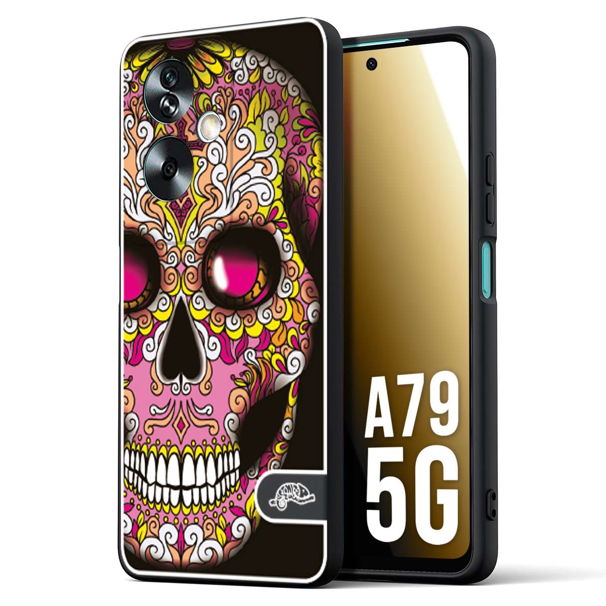 CUSTOMIZZA - Custodia cover nera morbida in tpu compatibile per Oppo A79 5G teschio messicano Mexican skull rosa gialla