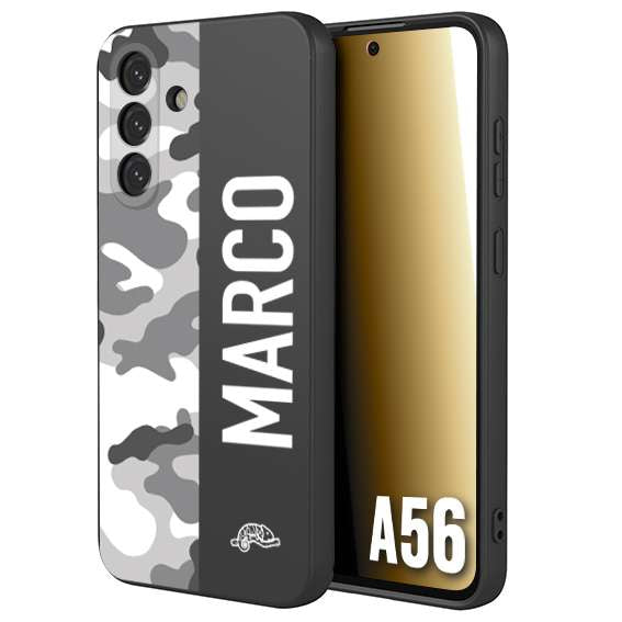 CUSTOMIZZA - Custodia cover nera morbida in tpu compatibile per Samsung A56 5G camouflage mimetico militare personalizzata nome bianco