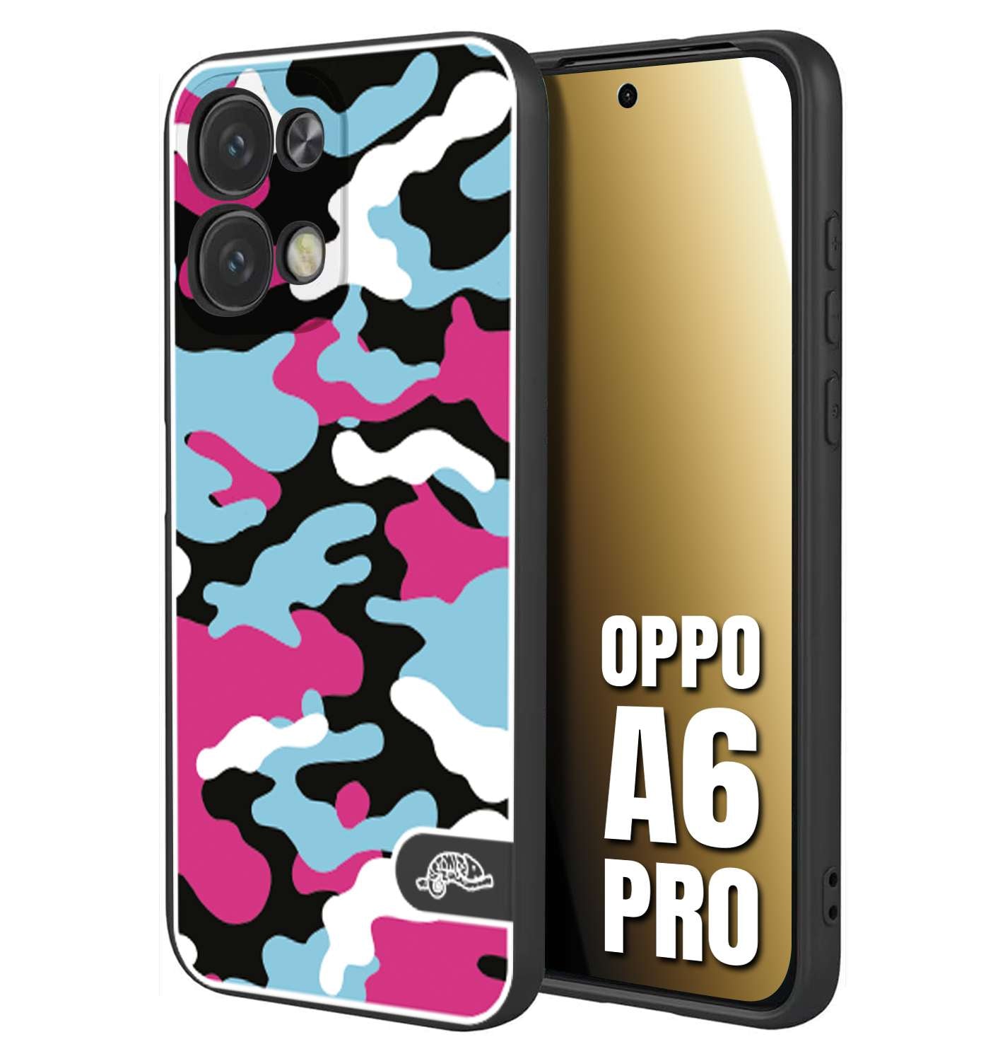 CUSTOMIZZA - Custodia cover nera morbida in tpu compatibile per Oppo A6 PRO camouflage mimetico militare fucsia celeste